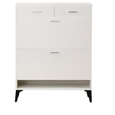 TIRAMISUBEST White Large Shoe Cabinet - Freestanding 4-Drawer Organizer with Flip Doors for Entryway, Hallway or Bedroom