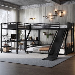 TIRAMISUBEST Twin/Twin XL Bunk Bed & Loft Bed, Metal Triple Bed Frame with Slide, L-Shaped Desk & Storage Shelves - 1 of 4