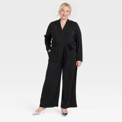 Women's Long Sleeve Wrap Front Jumpsuit - A New Day™ Black 1X