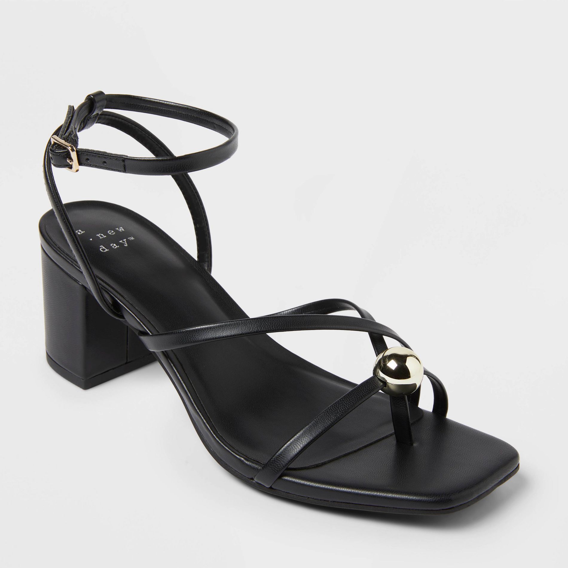 Women's Phoebe Strappy Ball Ornament Heels - A New Day™ Black 6: Adjustable Buckle, Block Heel, Open Square Toe