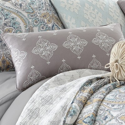 Gray and Ivory Embroidered Rectangular Feather Throw Pillow