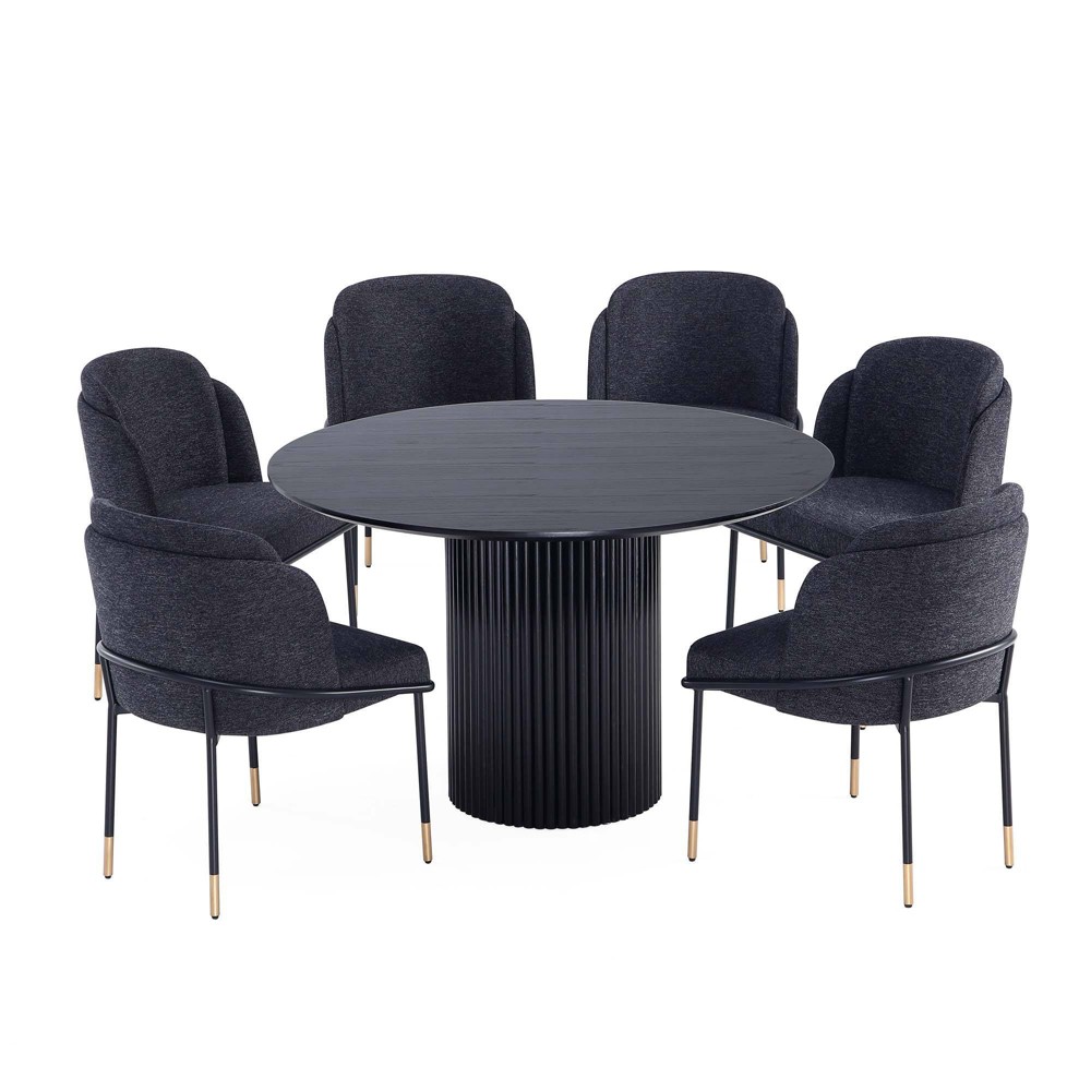 Photos - Dining Table Manhattan Comfort 7pc 59.05" Hathaway and Flor Round Dining Set Black: Upholstered Chairs, Modern Style