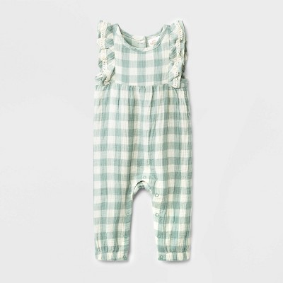 Image of Baby Girls' Gingham Gauze Long Leg Romper - Cat & Jack™ Mint Green 6-9M
