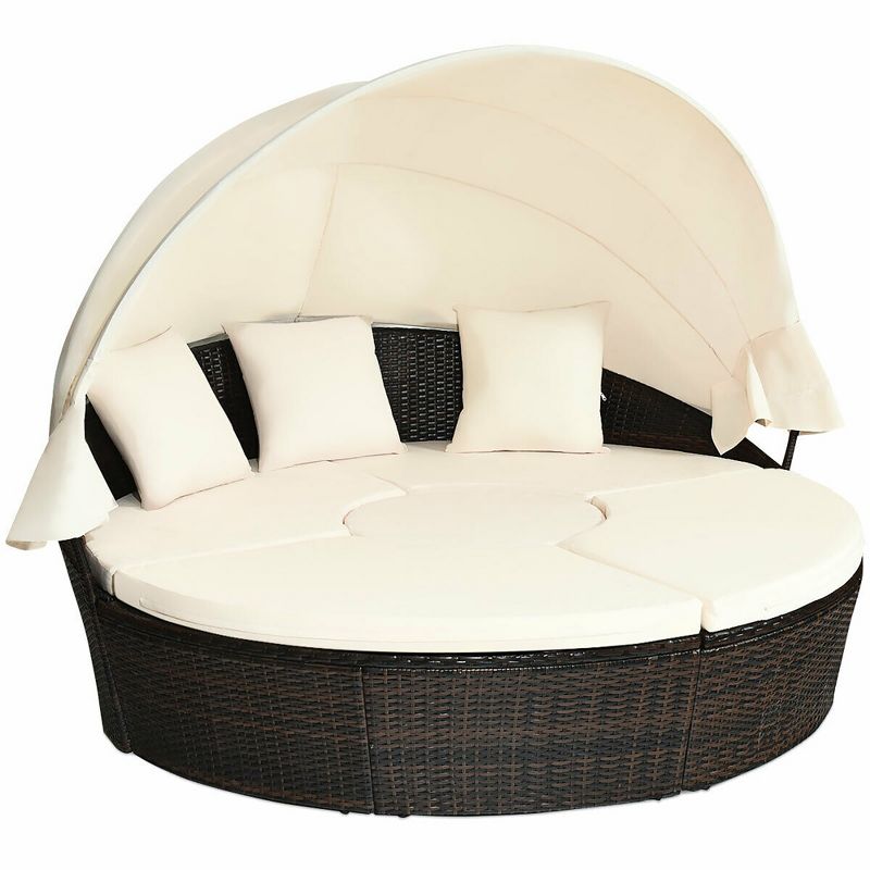 Costway Patio Rattan Daybed Cushioned Sofa Adjustable Table Top Canopy W/3 Pillows, 5 of 8