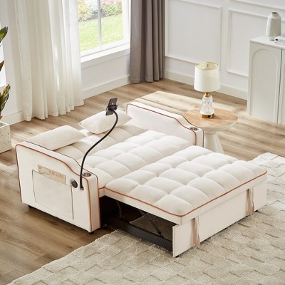 Runesay Modern Velvet Pull-Out Sofa Bed with USB Port, Ashtray and Swivel Phone Stand