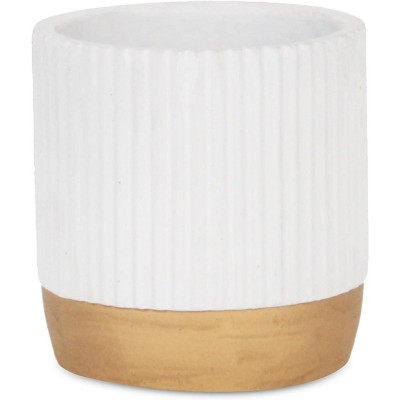 Cheung's Aurone Round Ridged Ceramic Pot with Gold Finished Base - Small - White