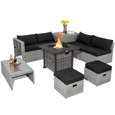 Tangkula 9 Pieces Outdoor Patio Furniture Set w/ 32" Propane Fire Pit Table Sectional Sofa Set w/ Storage Box Black/Gray/Navy/Red/Turquoise/Off White