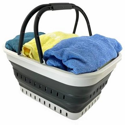 White and Coral Pink Collapsible Plastic Laundry Basket with Handle