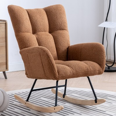 Aukfa Soft Teddy Fabric Rocking Chair w/Pocket - Ergonomic Nursery Glider, Solid Wood Base, 252LB Capacity for Living Room & Bedroom
