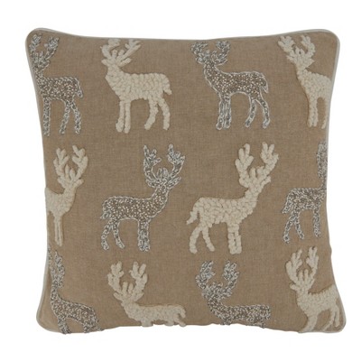 Saro Lifestyle Beaded + Embroidered Reindeer Pillow - Poly Filled, 18" Square, Natural