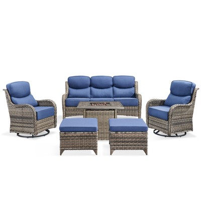 Buenhomino 7 Pieces Patio Furniture Sets with Fire Pit Table, Wicker High Back Outdoor Swivel Rocking Chairs Set with 3-Seat Couch, Ottomans and Table