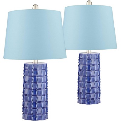 360 Lighting Mid Century Modern Table Lamps 24.5" High Set of 2 Blue Ceramic Hardback Drum Shade Decor for Living Room Bedroom House