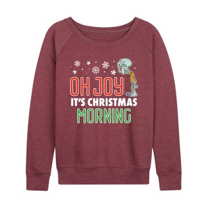 Women's - SpongeBob SquarePants - Oh Joy It's Christmas Morning Lightweight French Terry Wide Neck Long Sleeve Shirt - 1 of 4