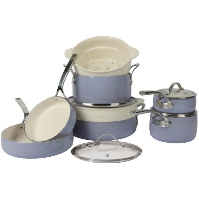 Bloomhouse 12 Piece Aluminum Enamel Cookware Set w/ Non-stick Non-toxic Ceramic Interior and Ceramic Steamer Insert