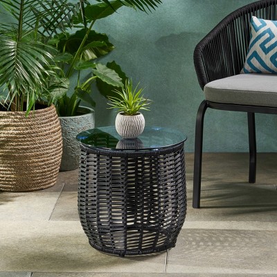 15.5'' Round Rattan Side Table with Tempered Glass Top,Boho Outdoor Accent Table for Patio or Balcony-Cuddlewood
