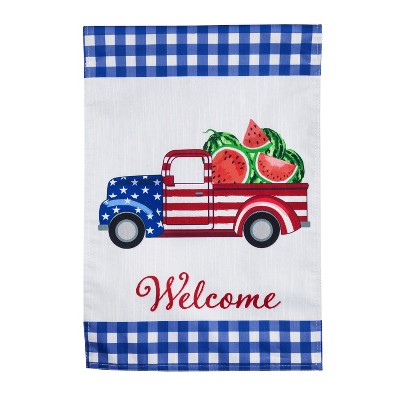 Evergreen Patriotic Watermelon Truck Garden Strié Flag