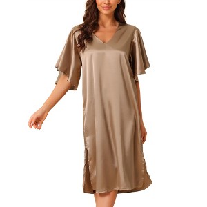 cheibear Women's Satin Nightdress Flare Bell Short Sleeve Sleep Dress Nightgown - 1 of 4