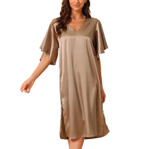 cheibear Womens Satin Button Down Nightgown Long Sleeve Silky Boyfriend  Nightshirt 