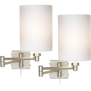 Possini Euro Design Modern Swing Arm Wall Lamps Set of 2 Brushed Nickel Plug-In Light Fixture Cylinder Shade for Bedroom Bedside - 1 of 3