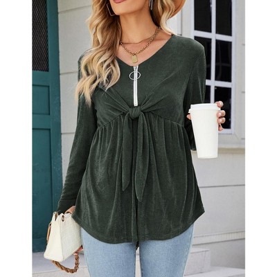 Women's V Neck Blouse Half Zip up Casual Tunic Shirts Babydoll Chest Tie Knot Shirts Ruched Flowy Hem Tunic Tops