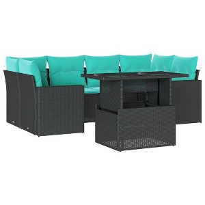 vidaXL Patio Sofa Set with Cushions and Table Outdoor 7 Piece Poly Rattan - Black without storage - 1 of 4
