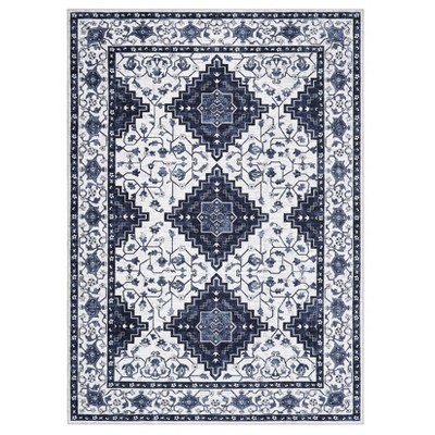 Washable Vintage Rug Non Slip Low Pile Rug Soft Throw Floor Cover Floral Foldable Indoor Carpet for Living Room Bedroom Playroom Nursery