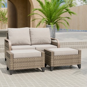 Outdoor Rattan Furniture Set Patio Seating Set Patio Loveseat with Ottoman - 1 of 4