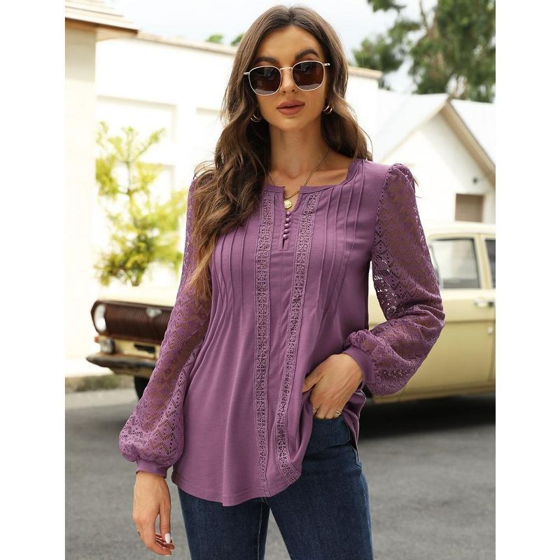 Women’s Crewneck Lace Crochet Eyelet Tops Long Sleeve Pleated T Shirts Casual Tunic Blouses, 5 of 7