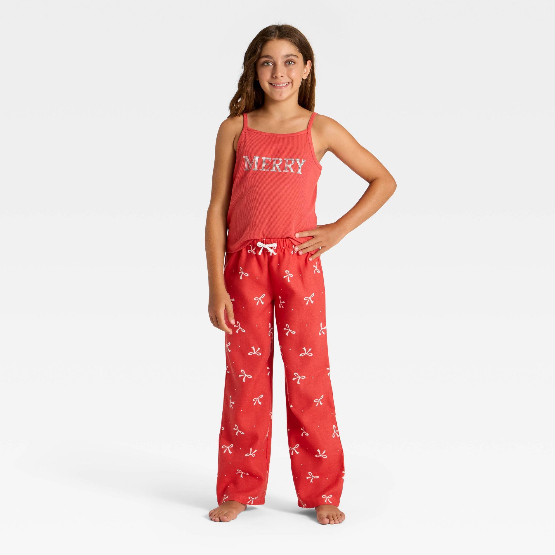 Girls' 2pc Merry Bows Christmas Tank Top and Pants Pajama Set - Red S