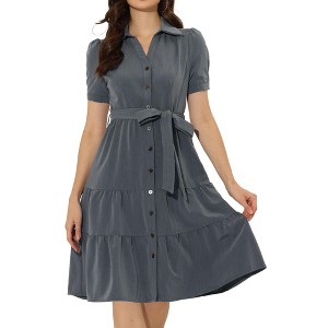 Allegra K Women's Summer V Neck Short Sleeve Button Down Tie Waist Chambray Shirt Dress - 1 of 4