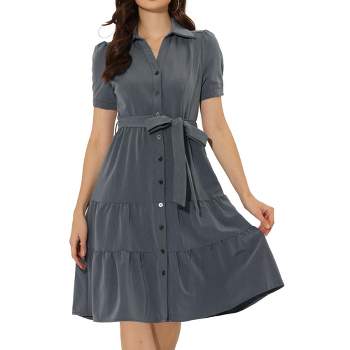 Allegra K Women's Summer V Neck Short Sleeve Button Down Tie Waist Chambray Shirt Dress