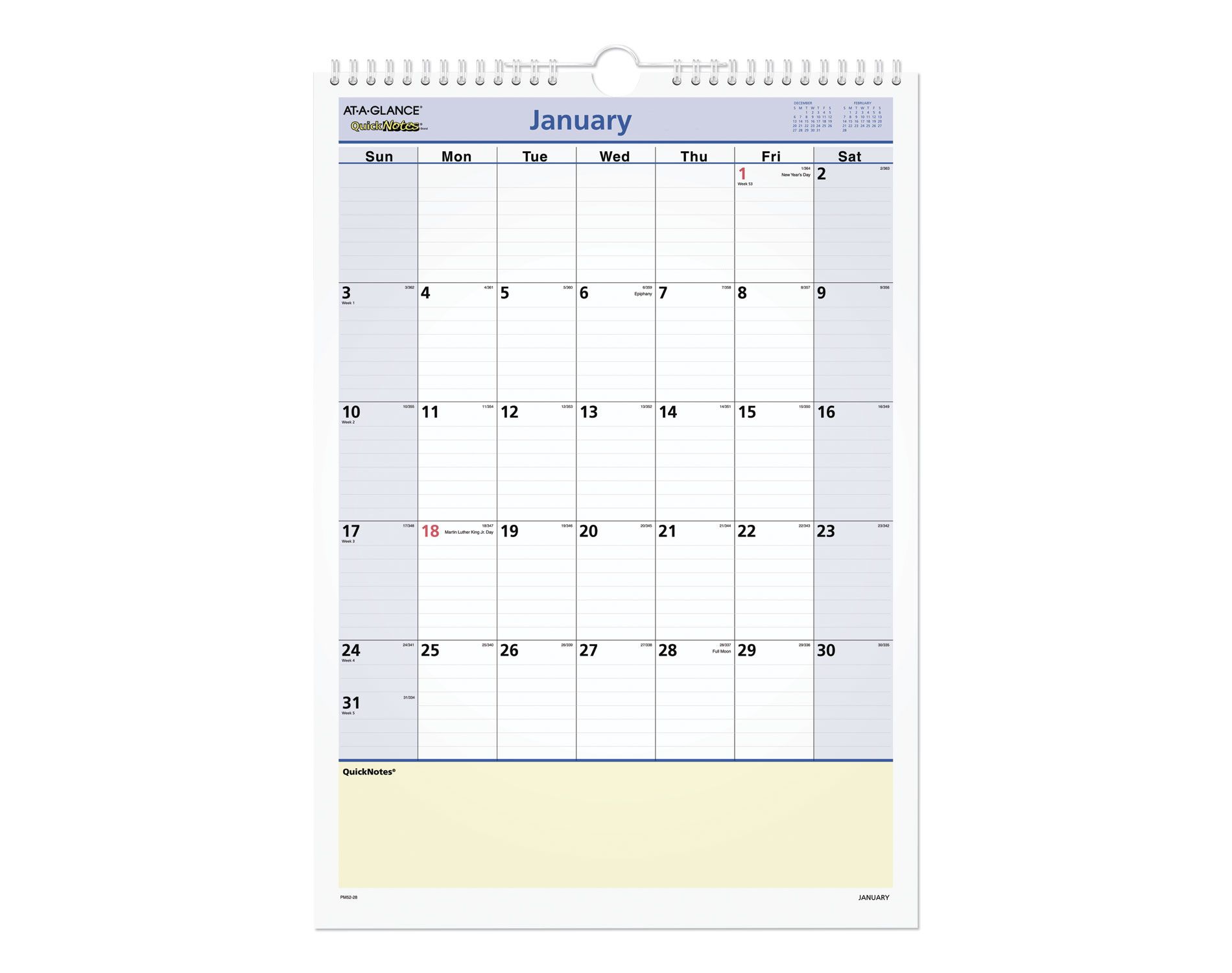 QuickNotes Wall Calendar, 12 x 17, White/Blue/Yellow Sheets, 12-Month (Jan to Dec): 2026