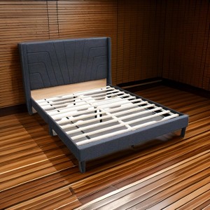 Royal Hampton Queen Size Bed with Tufted Headboard, Charcoal Burlap Upholstery, Wood - 1 of 4