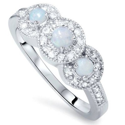 Pompeii3 1/2ct Opal Diamond 3-Stone Halo Ring 14K White Gold