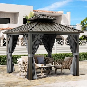 10x10 FT Permanent Hardtop Gazebo Outdoor Pavilion, Heavy Duty Aluminum Frame, Garden Shelter with Curtains & Netting, All-Weather Patio Canopy - 1 of 4