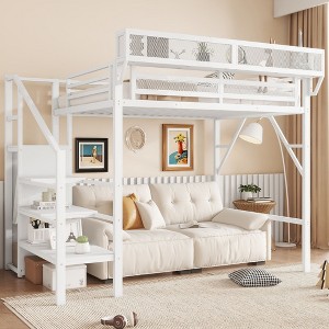 Twin Size Loft Bed with Stairs Metal Full Loft Bed with Storage Shelves High Loft Bed with Wardrobe for Kids Teens Black - 1 of 4
