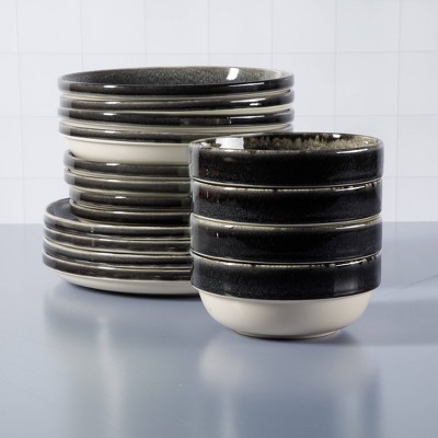 SKE Banquette Glossy Black Ceramic 16-Piece Dinnerware Set