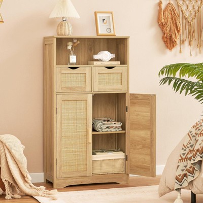 USIKEY Large Storage Cabinet, Rattan Cabinet with 2 Drawers & 2 Shelves, Cupboard, Floor Cabinet for Living Room, Home Office