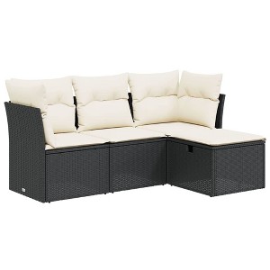 vidaXL Patio Sofa Set with Cushions Outdoor Furniture 4 Piece Poly Rattan - Black and Cream without Storage - 1 of 4