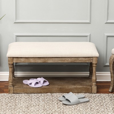 Beige Linen Upholstered Bench with Storage Shelf