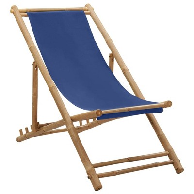 vidaXL Bamboo and Canvas Navy Deck Chair - Weather-Resistant, Foldable & Adjustable Patio/Beach/Campsite Chair
