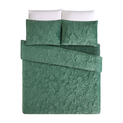 Emerald Green Velvet Full Quilt Set with Botanical Motif