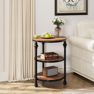 Homhougo Round End Table, Small Side Table with 3 Shelves for Living Room, Bedroom, Night Stand Accent Coffee Table with Steel Frame, Brown
