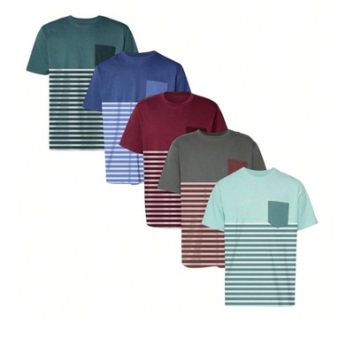 Mens 5 Pack Plain/Striped Tee With Pocket Value Pack