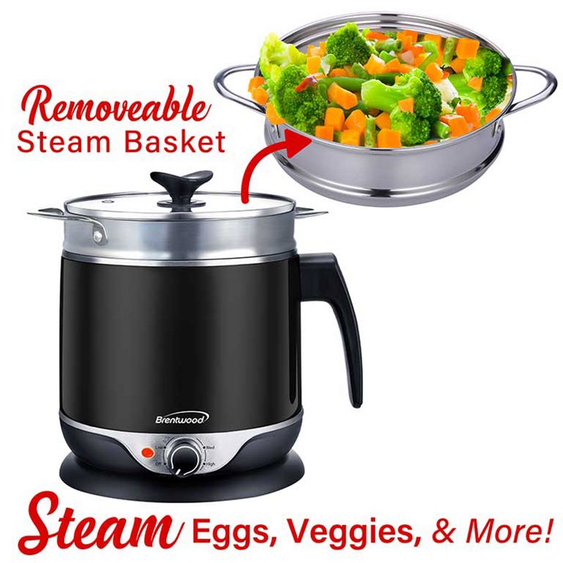 Brentwood Stainless Steel 1.9 Quart Cordless Electric Hot Pot Cooker and Food Steamer in Black, 3 of 7