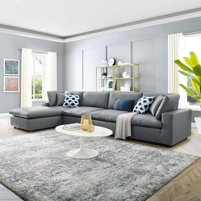 Luxurious Gray Faux Leather 5-Piece Sectional with Ottoman