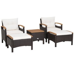 Tangkula Outdoor Patio 5PCS Rattan Conversation Furniture Set Acacia Wood Frame Chair with Coffee Table & 2 Ottomans for Backyard&Poolside - 1 of 4