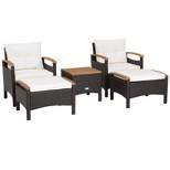 Tangkula Outdoor Patio 5PCS Rattan Conversation Furniture Set Acacia Wood Frame Chair with Coffee Table & 2 Ottomans for Backyard&Poolside