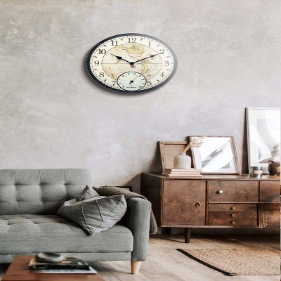Black Vintage-Style World Map 14" Indoor/Outdoor Wall Clock