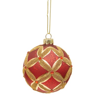 Season's Designs Christmas Tree 80Mm Decorated Glass Ornament Red W/ Gold Des